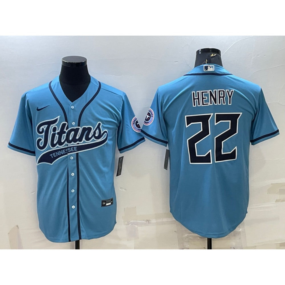 Men's Tennessee Titans #22 Derrick Henry Blue With Patch Cool Base Stitched Baseball Jersey 