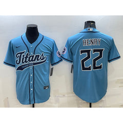 Men's Tennessee Titans #22 Derrick Henry Blue With Patch Cool Base Stitched Baseball Jersey 