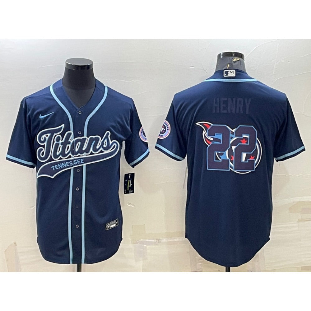 Men's Tennessee Titans #22 Derrick Henry Navy Team Big Logo With Patch Cool Base Stitched Baseball Jersey 