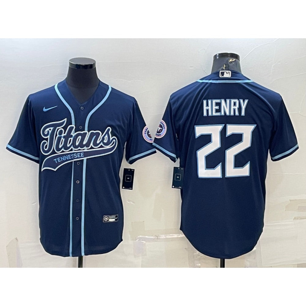 Men's Tennessee Titans #22 Derrick Henry Navy With Patch Cool Base Stitched Baseball Jersey 