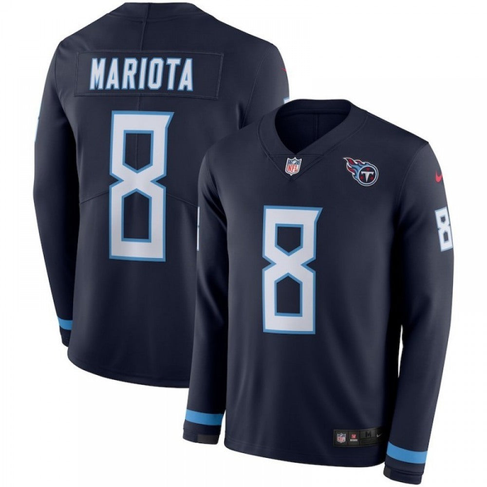 Men's Tennessee Titans #8 Marcus Mariota Navy Therma Long Sleeve Stitched NFL Jersey 