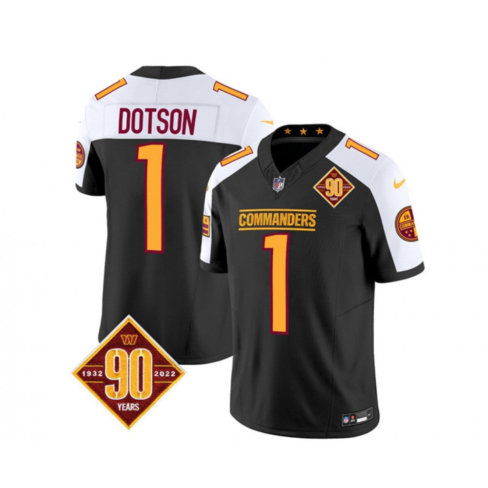 Men's Washington Commanders #1 Jahan Dotson Black/White 2023 F.U.S.E. 90th Anniversary Vapor Limited Stitched Football Jersey 