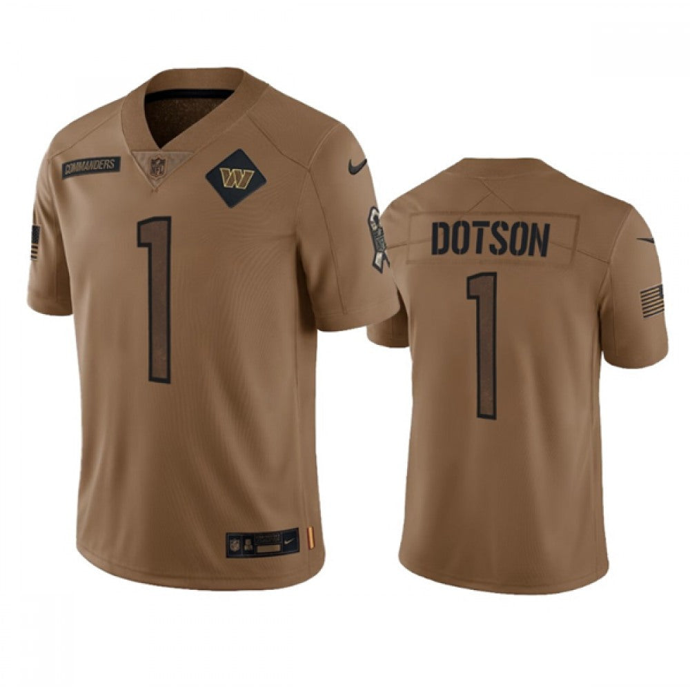Men's Washington Commanders #1 Jahan Dotson 2023 Brown Salute To Service Limited Stitched Football Jersey 