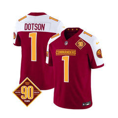 Men's Washington Commanders #1 Jahan Dotson Burgundy/White 2023 F.U.S.E. 90th Anniversary Vapor Limited Stitched Football Jersey 