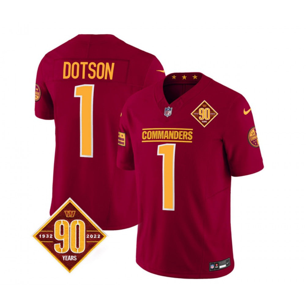 Men's Washington Commanders #1 Jahan Dotson Burgundy 2023 F.U.S.E. 90th Anniversary Vapor Limited Stitched Football Jersey 