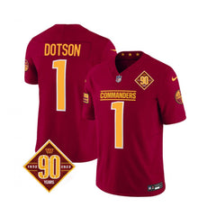 Men's Washington Commanders #1 Jahan Dotson Burgundy 2023 F.U.S.E. 90th Anniversary Vapor Limited Stitched Football Jersey 