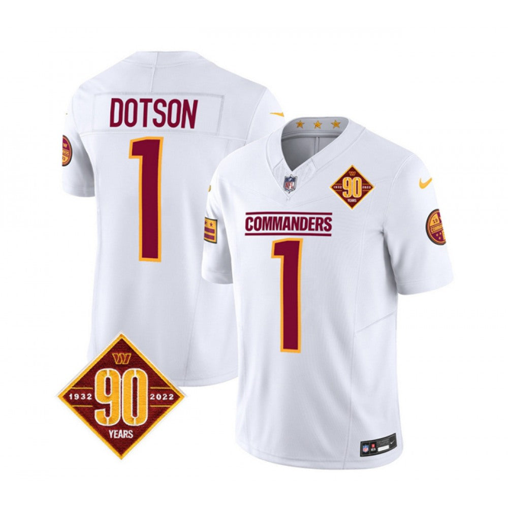 Men's Washington Commanders #1 Jahan Dotson White 2023 F.U.S.E. 90th Anniversary Vapor Limited Stitched Football Jersey 
