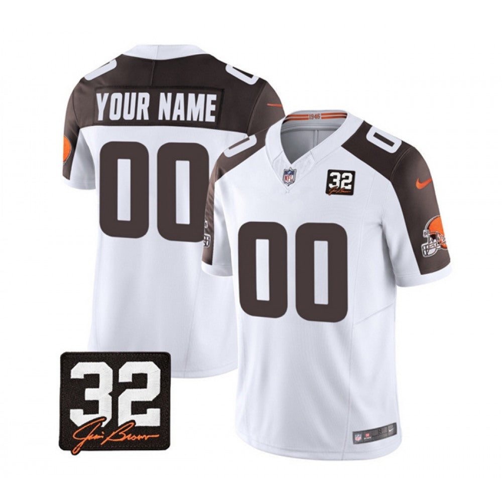 Men's Cleveland Browns Active Player Custom White/Brown 2023 F.U.S.E. With Jim Brown Memorial Patch Vapor Untouchable Limited Stitched Jersey 