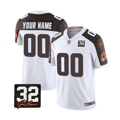 Men's Cleveland Browns Active Player Custom White/Brown 2023 F.U.S.E. With Jim Brown Memorial Patch Vapor Untouchable Limited Stitched Jersey 