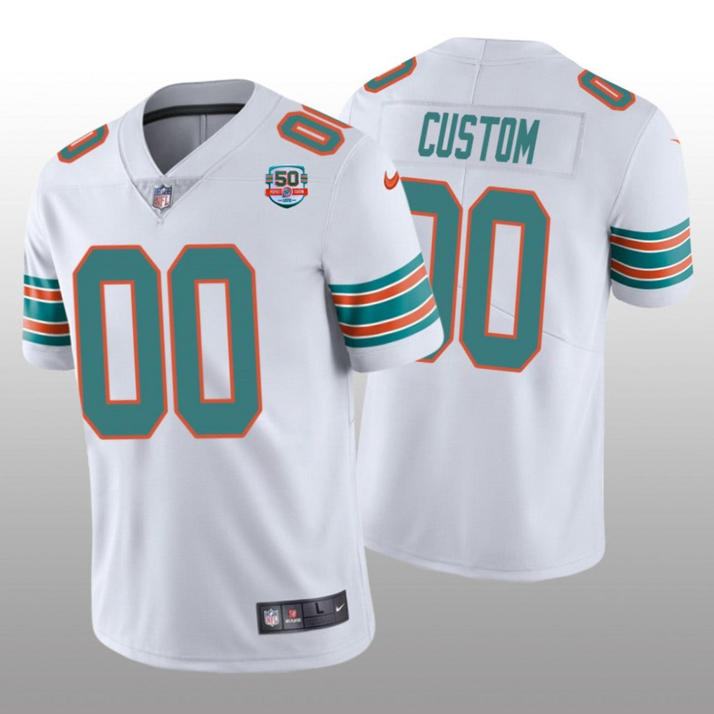 Men's Miami Dolphins Active Player Custom 2022 White With 50th Perfect Season Patch Limited Stitched Jersey 