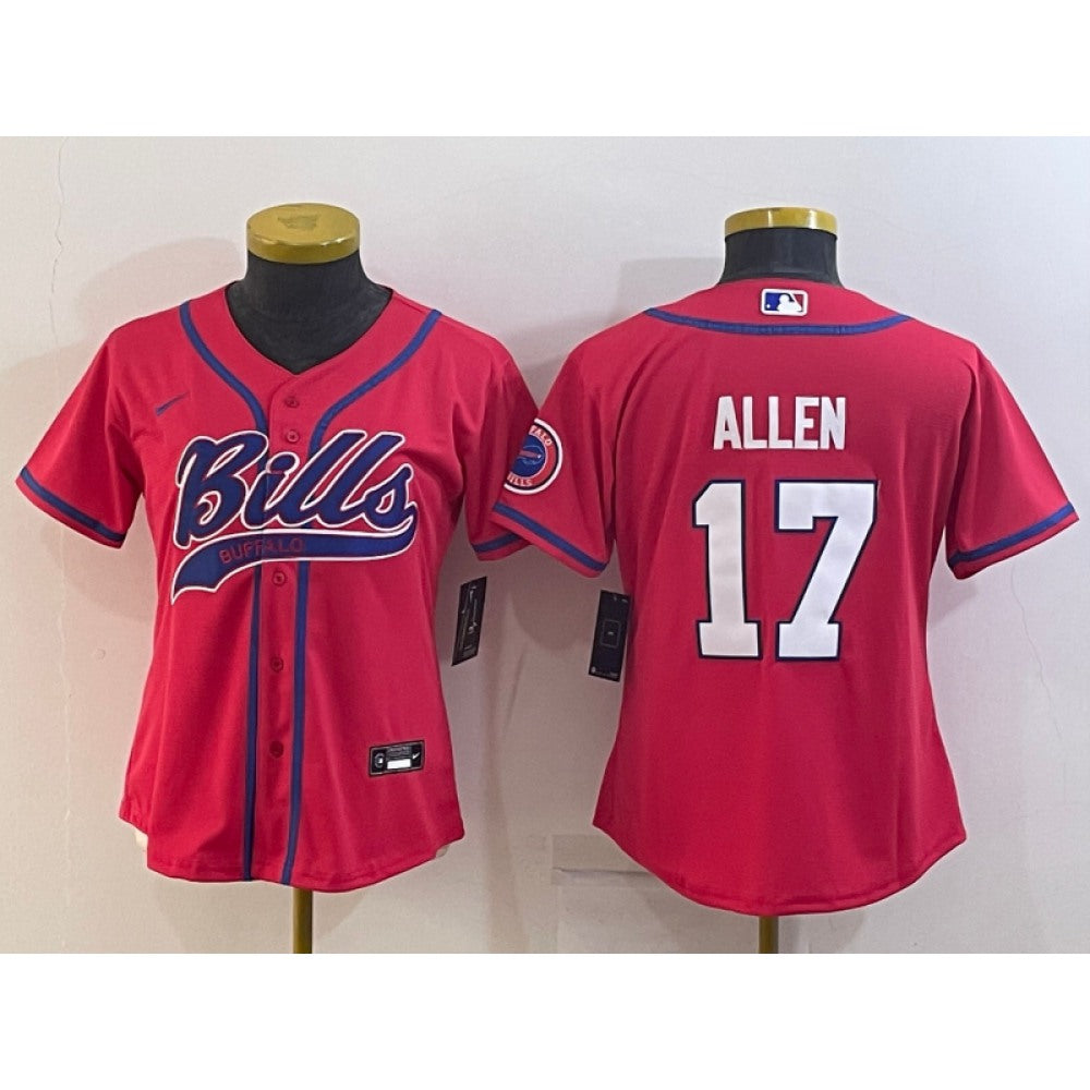 Youth Buffalo Bills #17 Josh Allen Red With Patch Cool Base Stitched Baseball Jersey 