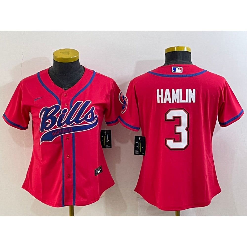 Youth Buffalo Bills #3 Damar Hamlin Red With Patch Cool Base Stitched Baseball Jersey 