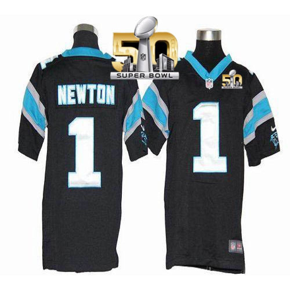 Panthers #1 Cam Newton Black Team Color Super Bowl 50 Youth Stitched NFL Elite Jersey 