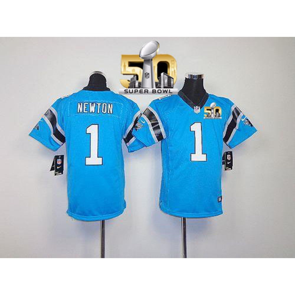 Panthers #1 Cam Newton Blue Alternate Super Bowl 50 Youth Stitched NFL Elite Jersey 