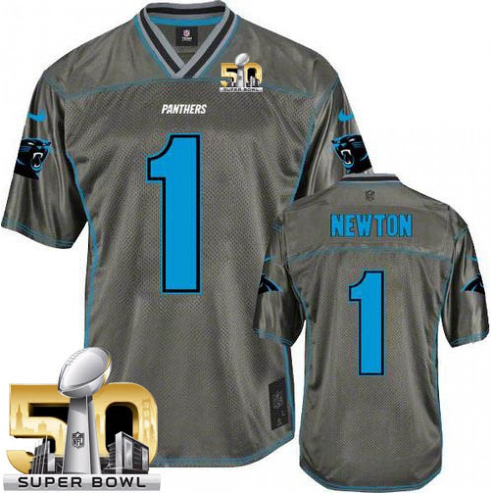 Panthers #1 Cam Newton Grey Super Bowl 50 Youth Stitched NFL Elite Vapor Jersey 