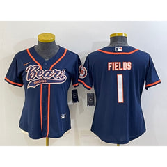 Youth Chicago Bears #1 Justin Fields Navy With Patch Cool Base Stitched Baseball Jersey 