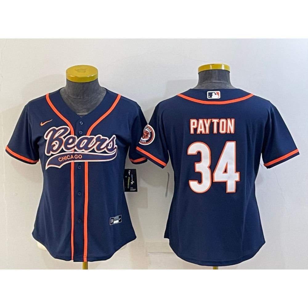 Youth Chicago Bears #34 Walter Payton Navy With Patch Cool Base Stitched Baseball Jersey 