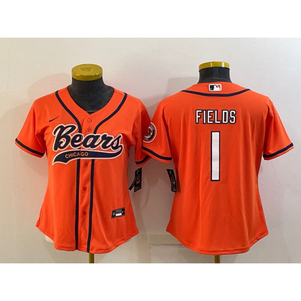 Youth Chicago Bears #1 Justin Fields Orange With Patch Cool Base Stitched Baseball Jersey 