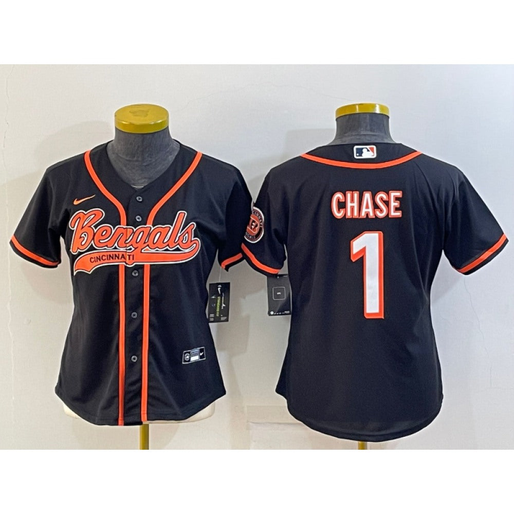 Youth Cincinnati Bengals #1 Ja'Marr Chase Black With Patch Cool Base Stitched Baseball Jersey 