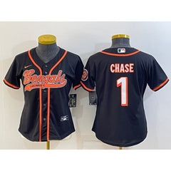 Youth Cincinnati Bengals #1 Ja'Marr Chase Black With Patch Cool Base Stitched Baseball Jersey 