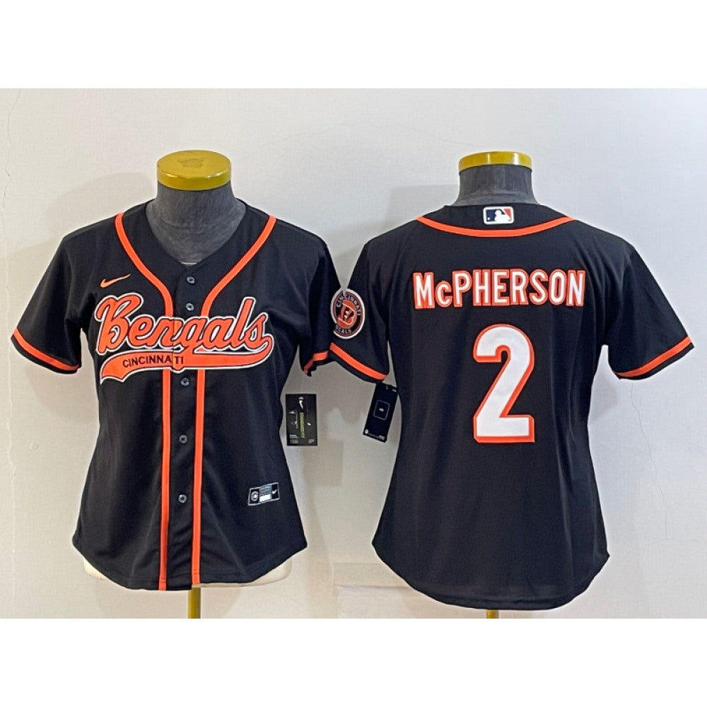 Youth Cincinnati Bengals #2 Evan McPherson Black With Patch Cool Base Stitched Baseball Jersey 