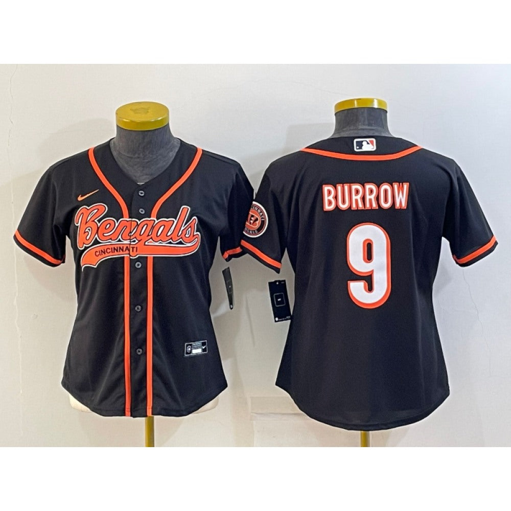 Youth Cincinnati Bengals #9 Joe Burrow Black With Patch Cool Base Stitched Baseball Jersey 