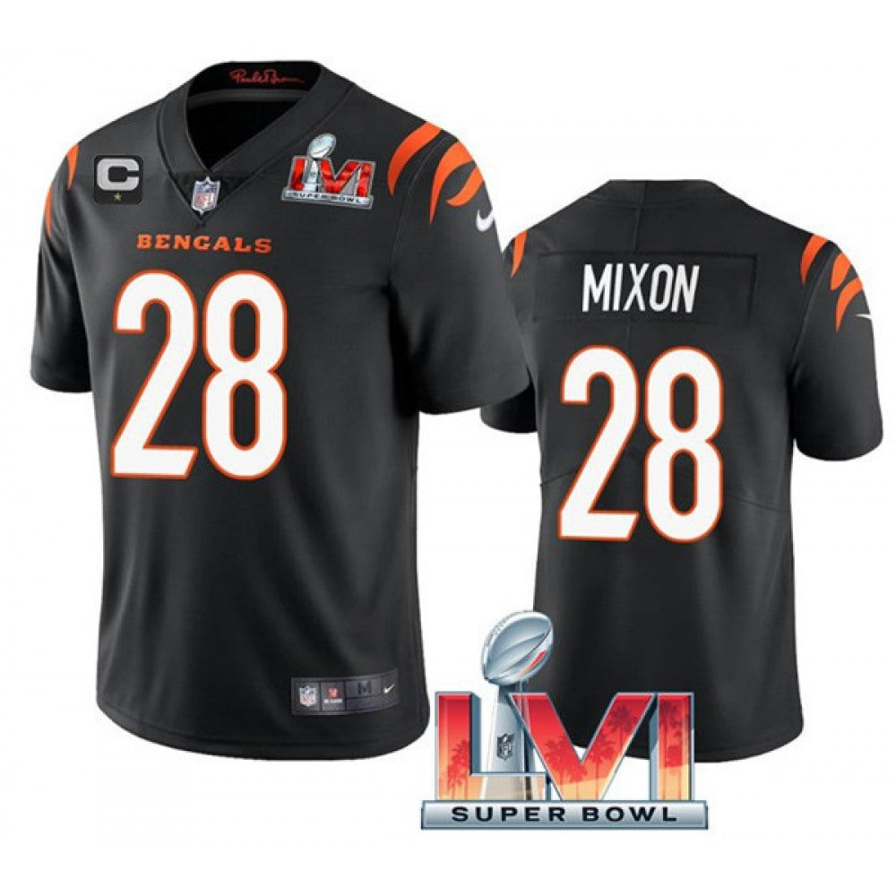 Youth Cincinnati Bengals #28 Joe Mixon 2022 Black With C Patch Super Bowl LVI Vapor Limited Stitched Jersey 