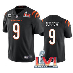 Youth Cincinnati Bengals #9 Joe Burrow 2022 Black With C Patch Super Bowl LVI Vapor Limited Stitched Jersey 