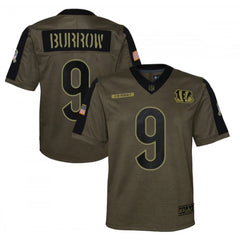 Youth Cincinnati Bengals #9 Joe Burrow 2021 Olive Salute To Service Limited Stitched Jersey 