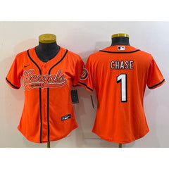 Youth Cincinnati Bengals #1 Ja'Marr Chase Orange With Patch Cool Base Stitched Baseball Jersey 