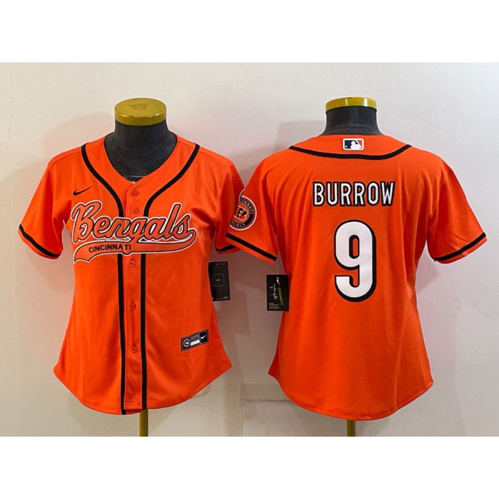 Youth Cincinnati Bengals #9 Joe Burrow Orange With Patch Cool Base Stitched Baseball Jersey 