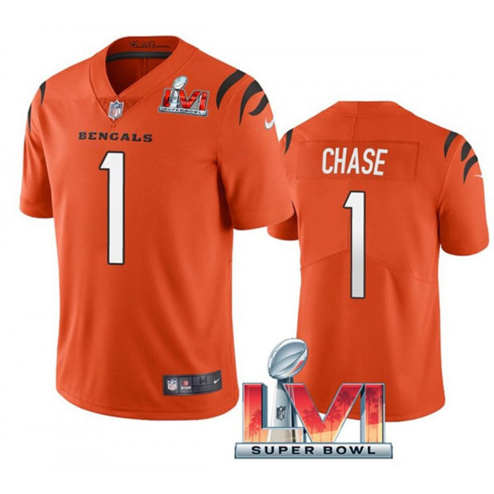 Youth Cincinnati Bengals #1 Ja'Marr Chase 2022 Orange Super Bowl LVI Vapor Limited Stitched Jersey 