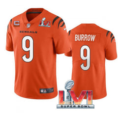 Youth Cincinnati Bengals #9 Joe Burrow 2022 Orange With C Patch Super Bowl LVI Vapor Limited Stitched Jersey 