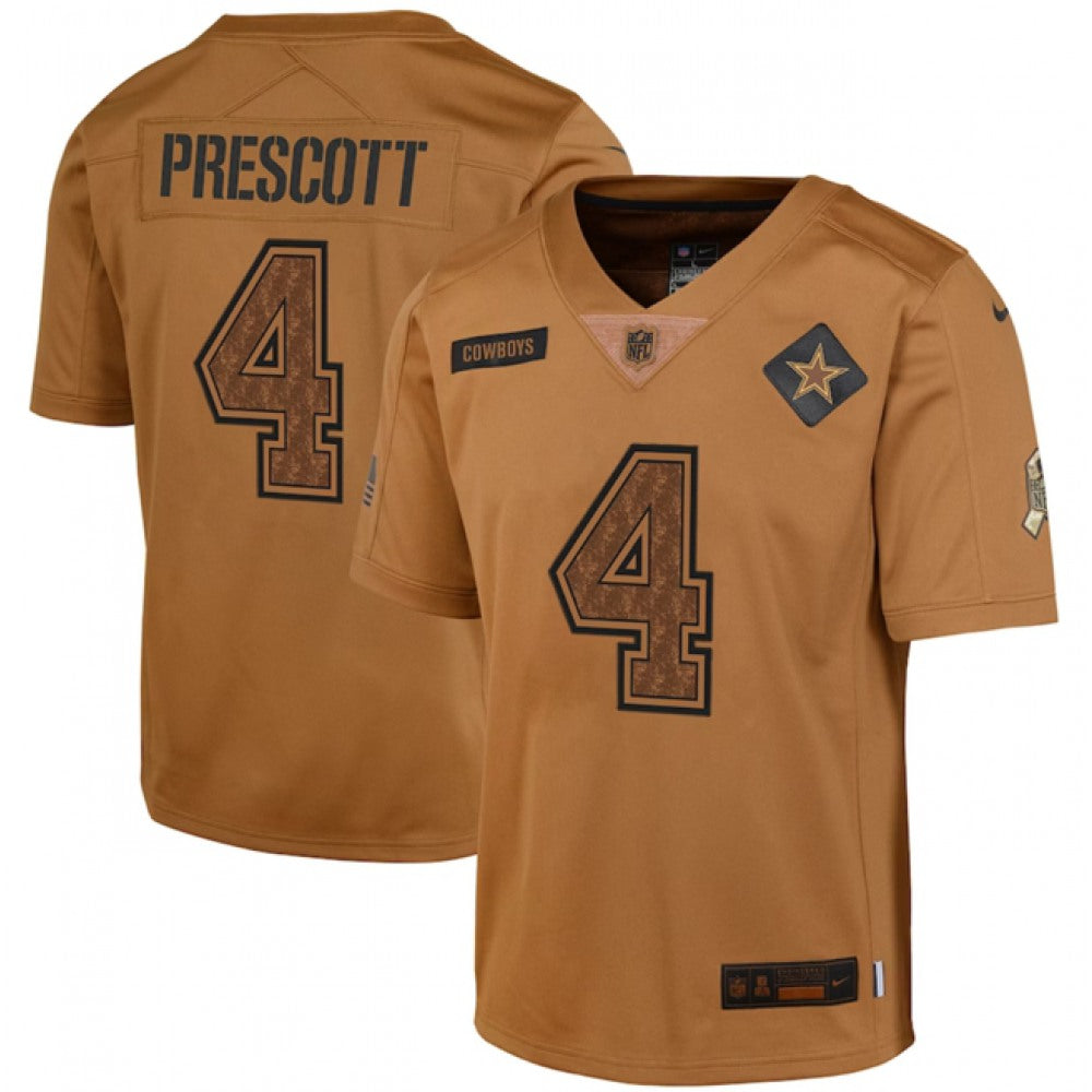 Youth Dallas Cowboys #4 Dak Prescott 2023 Brown Salute To Service Limited Stitched Football Jersey 
