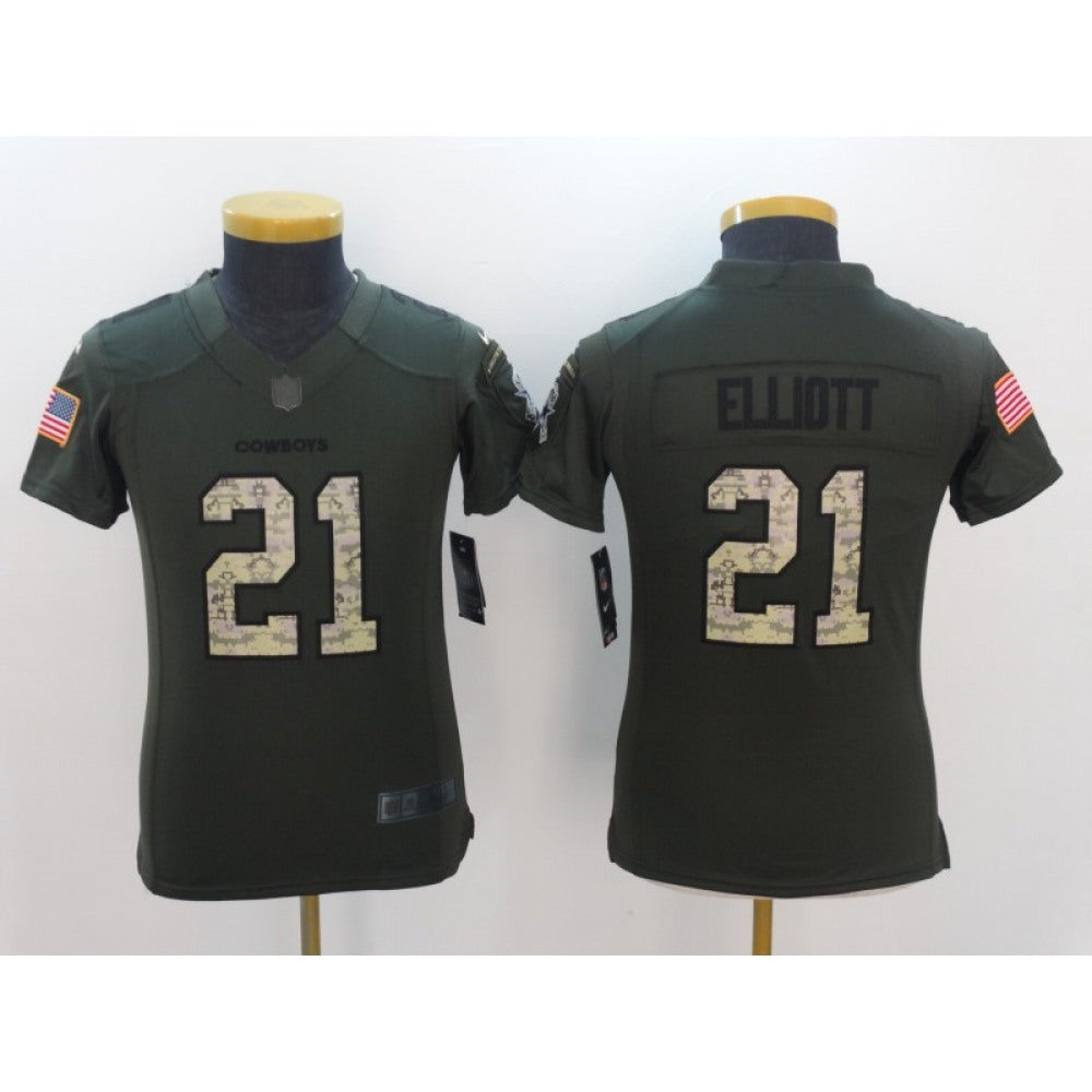 Youth Dallas Cowboys #21 Ezekiel Elliott Army Green Salute to Service Limited Stitched NFL Jersey 