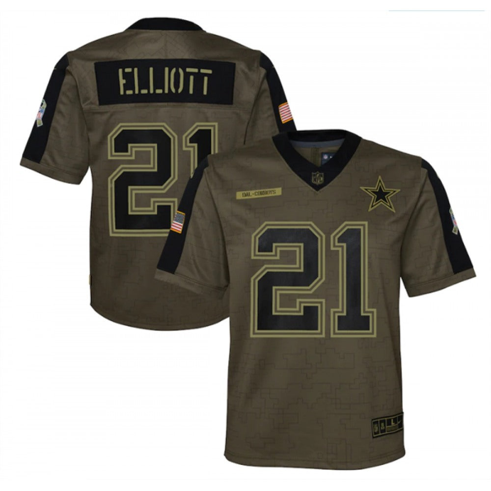 Youth Dallas Cowboys #21 Ezekiel Elliott 2021 Olive Salute To Service Limited Stitched Jersey 