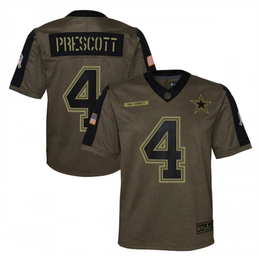 Youth Dallas Cowboys #4 Dak Prescott 2021 Olive Salute To Service Limited Stitched Jersey 