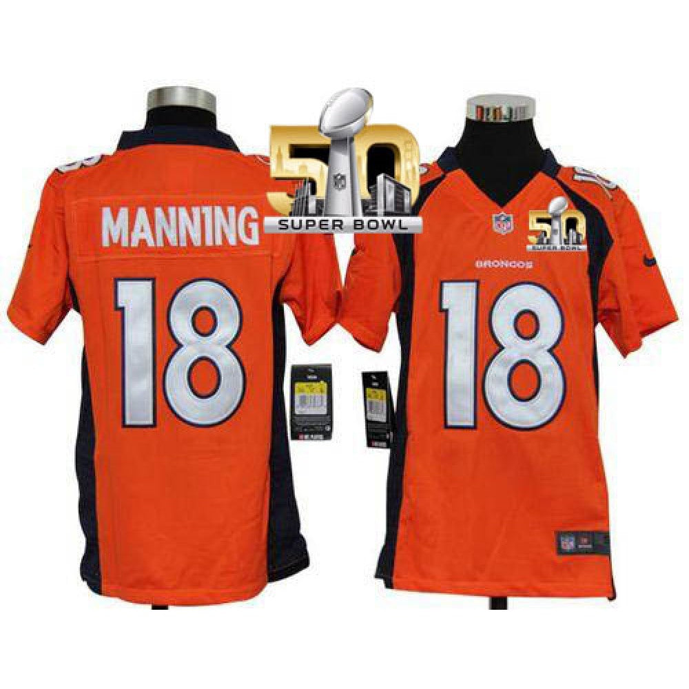 Broncos #18 Peyton Manning Orange Team Color Super Bowl 50 Youth Stitched NFL Elite Jersey 