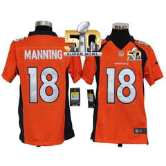 Broncos #18 Peyton Manning Orange Team Color Super Bowl 50 Youth Stitched NFL Elite Jersey 