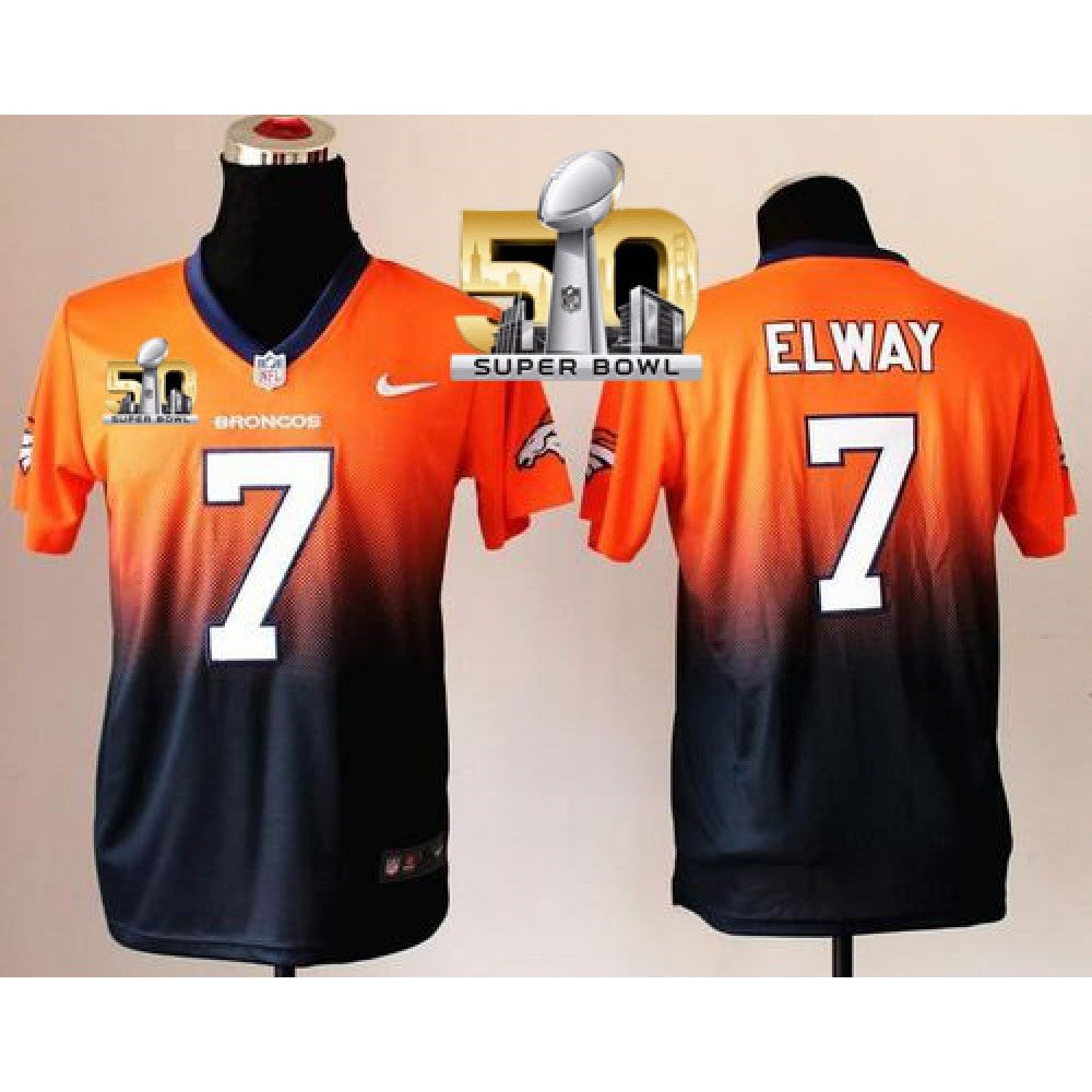 Broncos #7 John Elway Orange/Blue Super Bowl 50 Youth Stitched NFL Elite Fadeaway Fashion Jersey 
