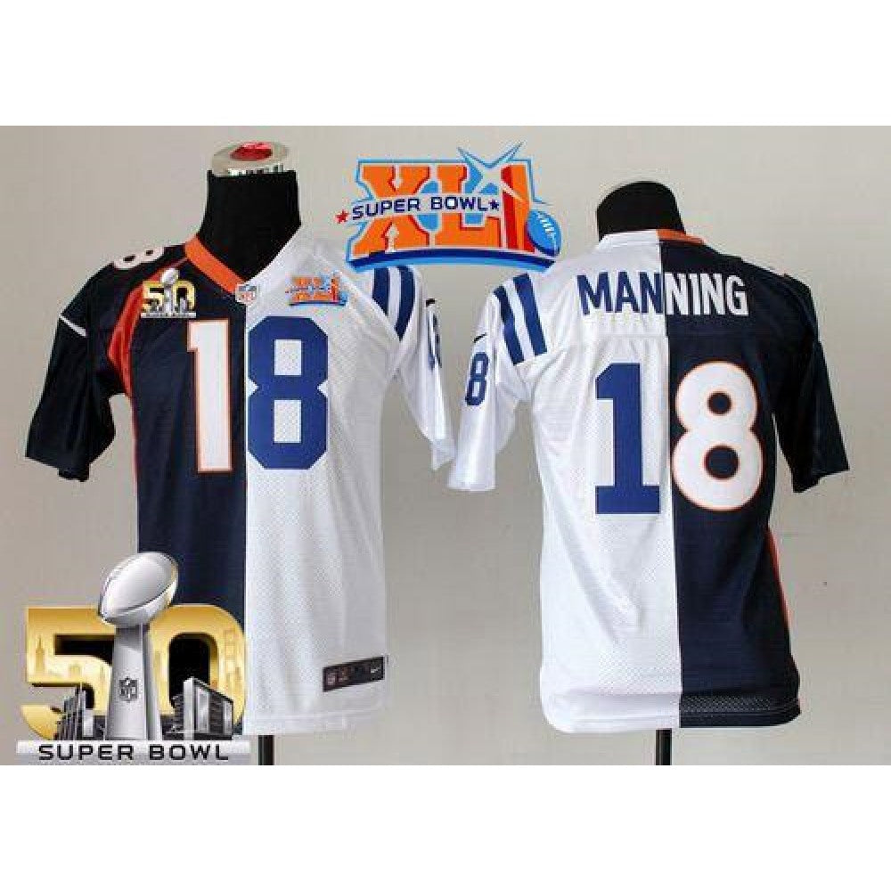 Colts #18 Peyton Manning Blue/White Super Bowl XLI & Super Bowl 50 Youth Stitched NFL Elite Split Broncos Jersey 