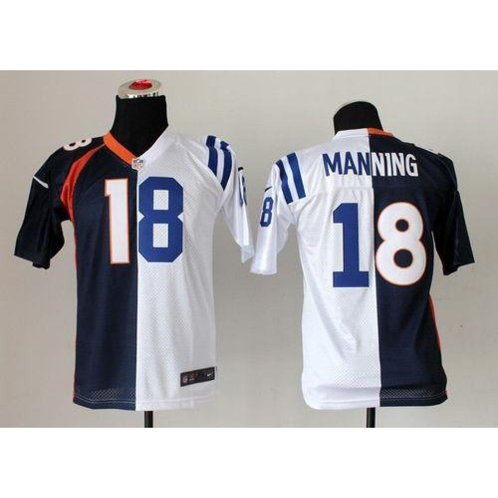 Colts #18 Peyton Manning Blue/White Youth Stitched NFL Elite Split Broncos Jersey 