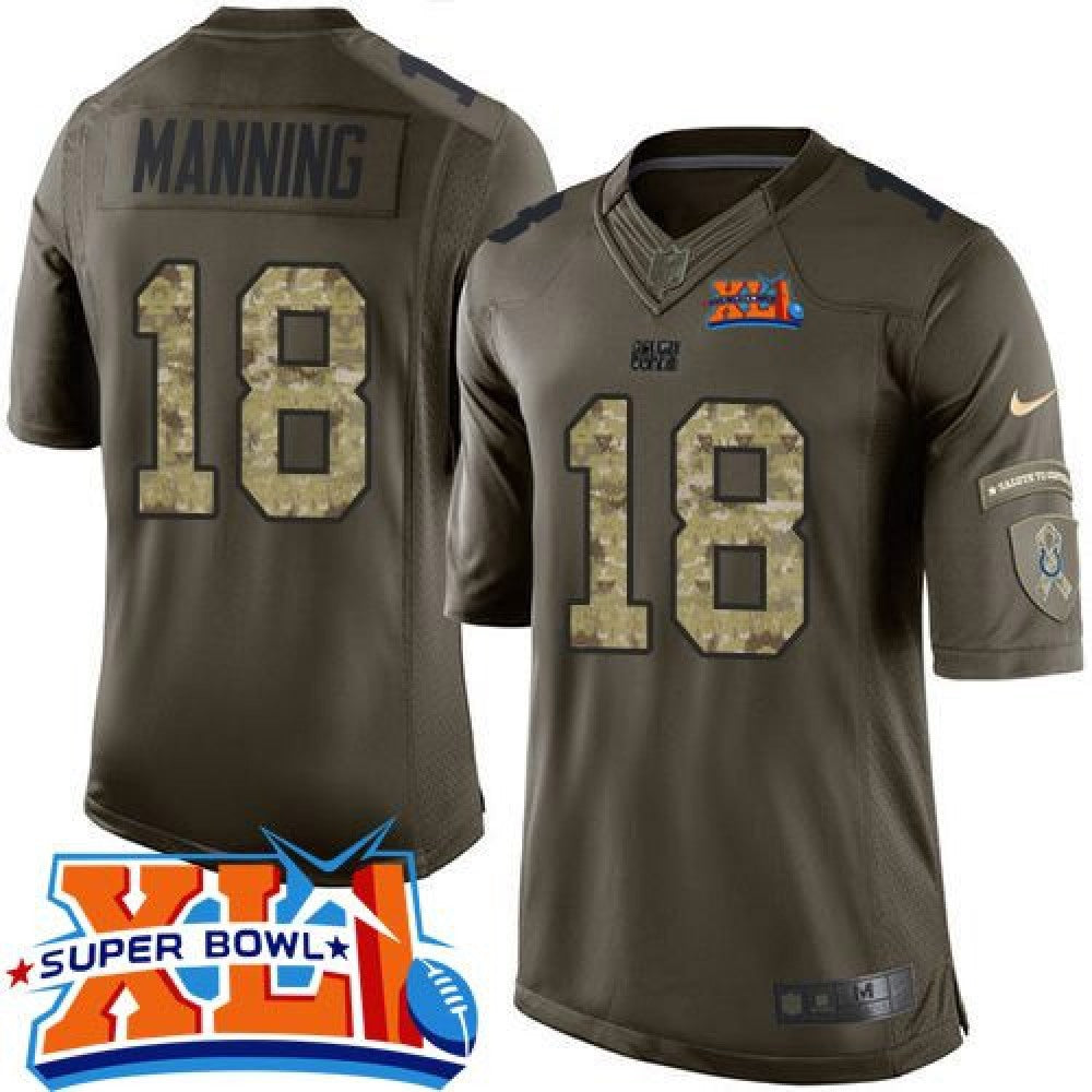 Colts #18 Peyton Manning Green Super Bowl XLI Youth Stitched NFL Limited Salute to Service Jersey 