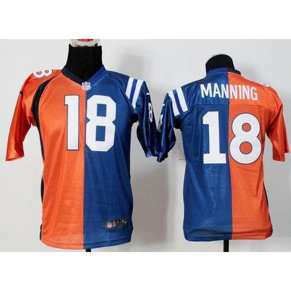 Colts #18 Peyton Manning Orange/Blue Youth Stitched NFL Elite Split Broncos Jersey 