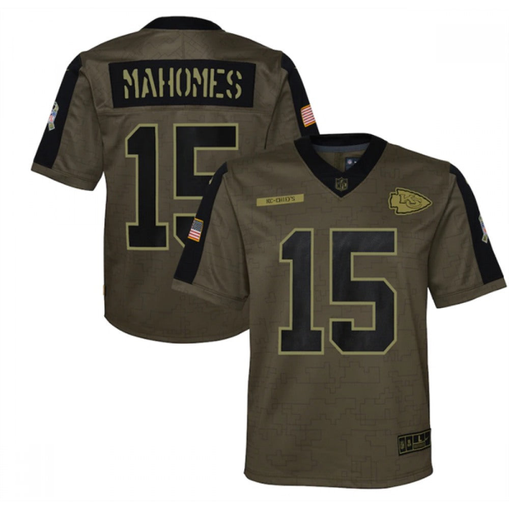 Youth Kansas City Chiefs #15 Patrick Mahomes 2021 Olive Salute To Service Limited Stitched Jersey 