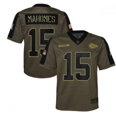 Youth Kansas City Chiefs #15 Patrick Mahomes 2021 Olive Salute To Service Limited Stitched Jersey 