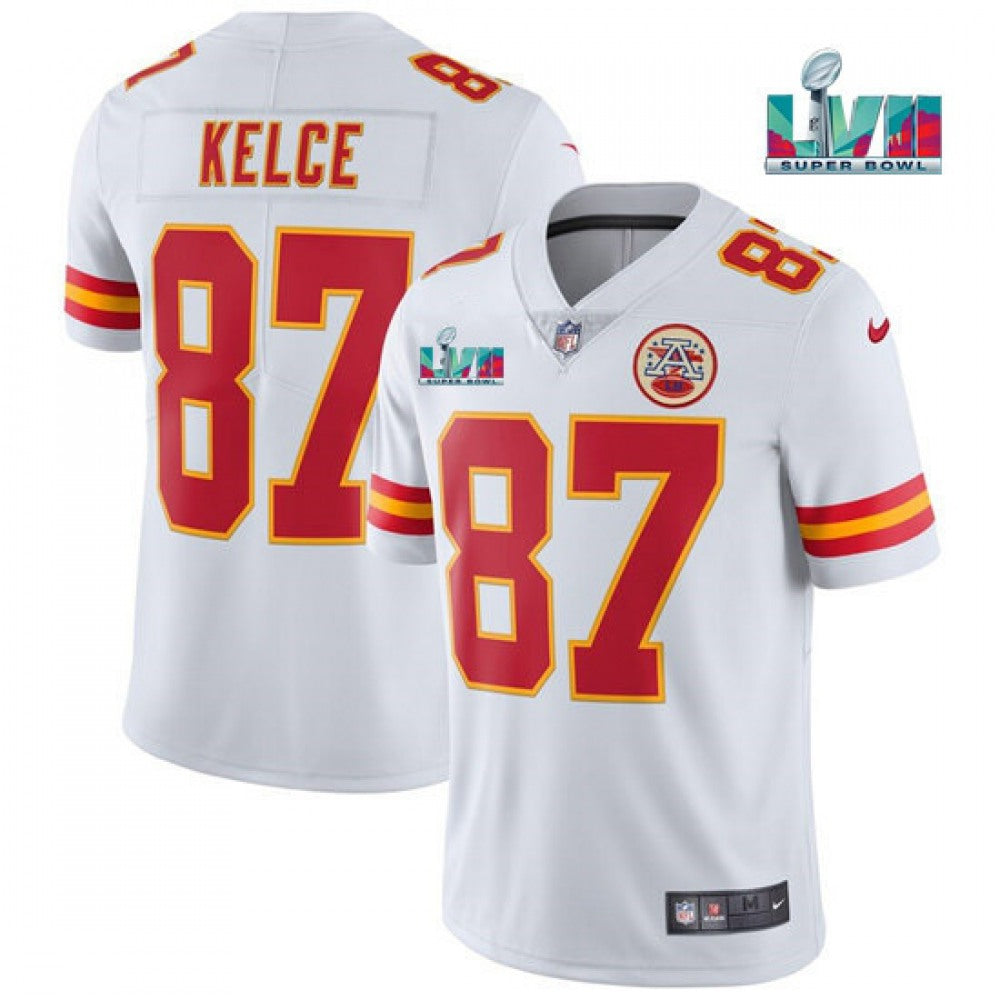 Youth Kansas City Chiefs #87 Travis Kelce White Super Bowl LVII Patch Vapor Untouchable Limited Stitched Jersey 