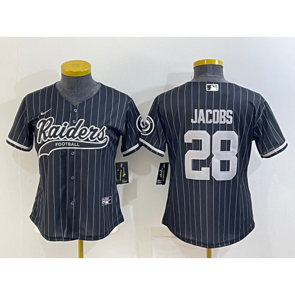Youth Las Vegas Raiders #28 Josh Jacobs Black With Patch Cool Base Stitched Baseball Jersey 