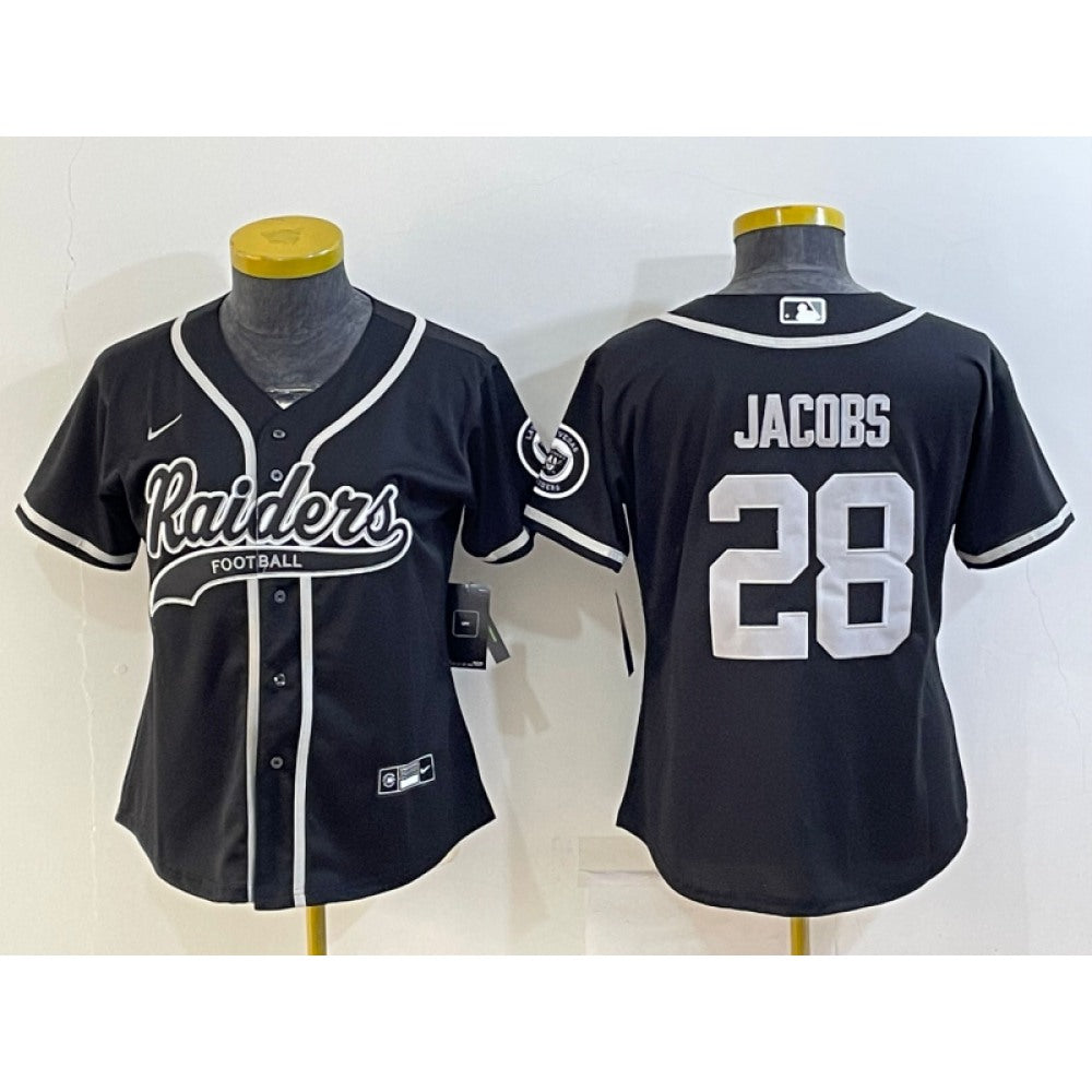 Youth Las Vegas Raiders #28 Josh Jacobs Black With Patch Cool Base Stitched Baseball Jersey 