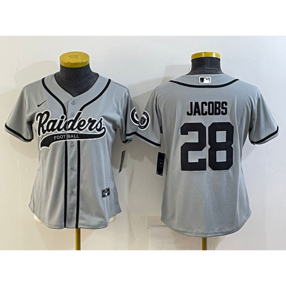 Youth Las Vegas Raiders #28 Josh Jacobs Grey With Patch Cool Base Stitched Baseball Jersey 
